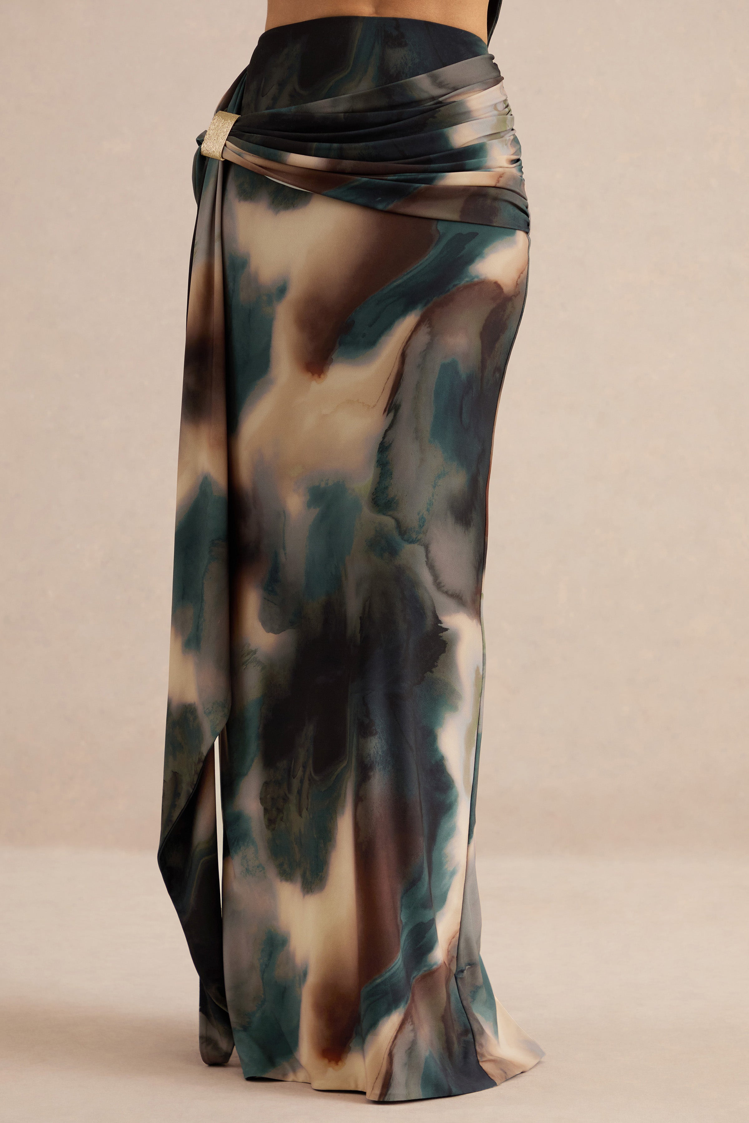 Lilias | Black And Blue Ombre Print Maxi Skirt With Draped Detailing