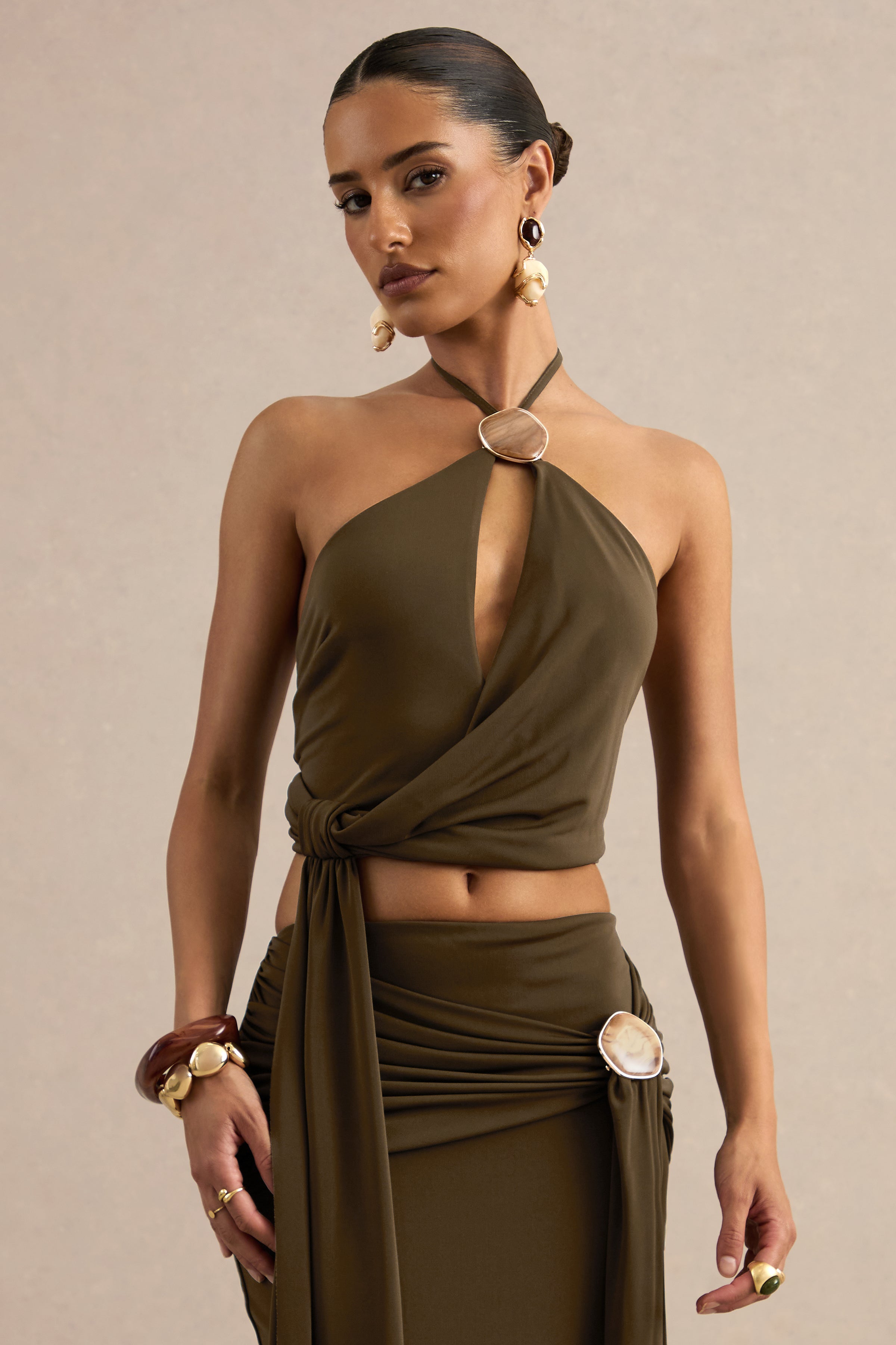 Liviana | Khaki Halter-Neck Top With Sash Detailing And Gold Detail