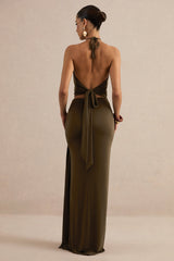 Liviana | Khaki Halter-Neck Top With Sash Detailing And Gold Detail