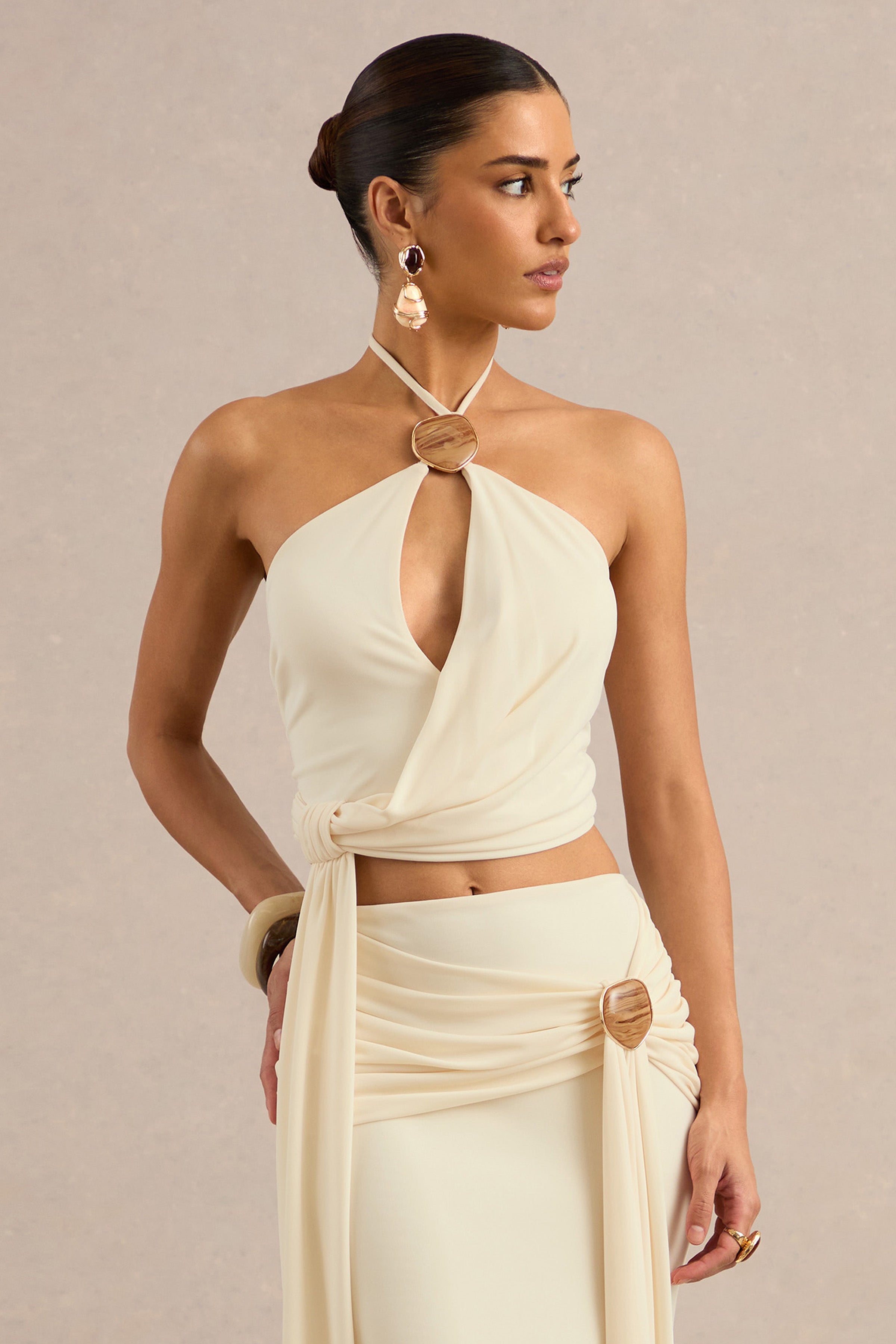 Liviana | Cream Halter-Neck Top With Sash Detailing And Gold Detail