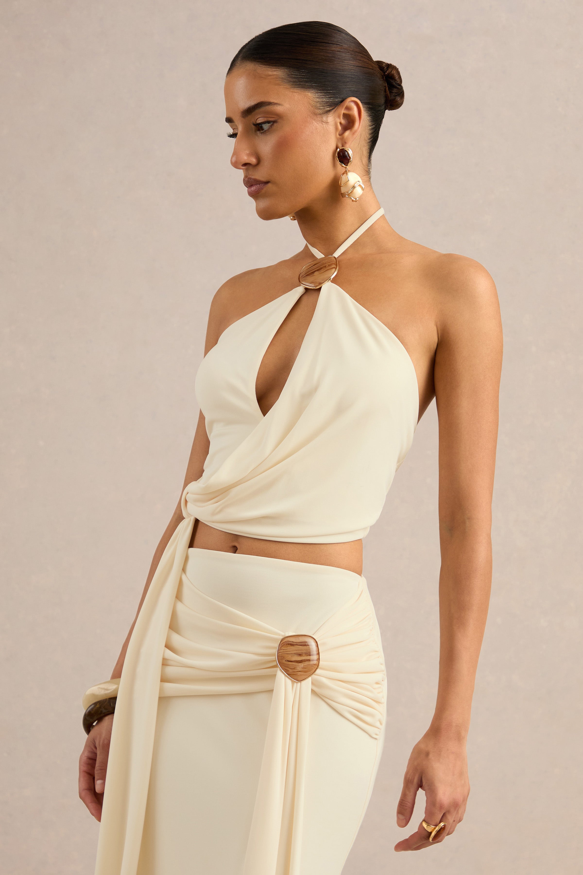 Liviana | Cream Halter-Neck Top With Sash Detailing And Gold Detail