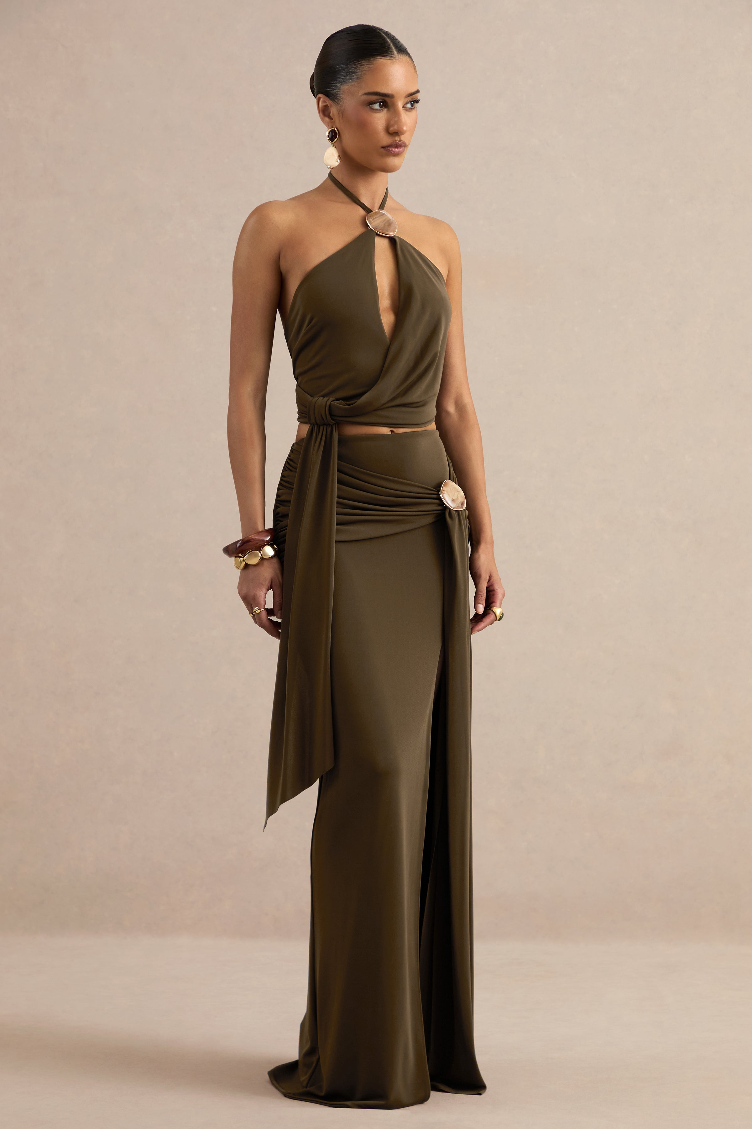 Liviana | Khaki Maxi Skirt With Gathered Detailing And Gold Detail