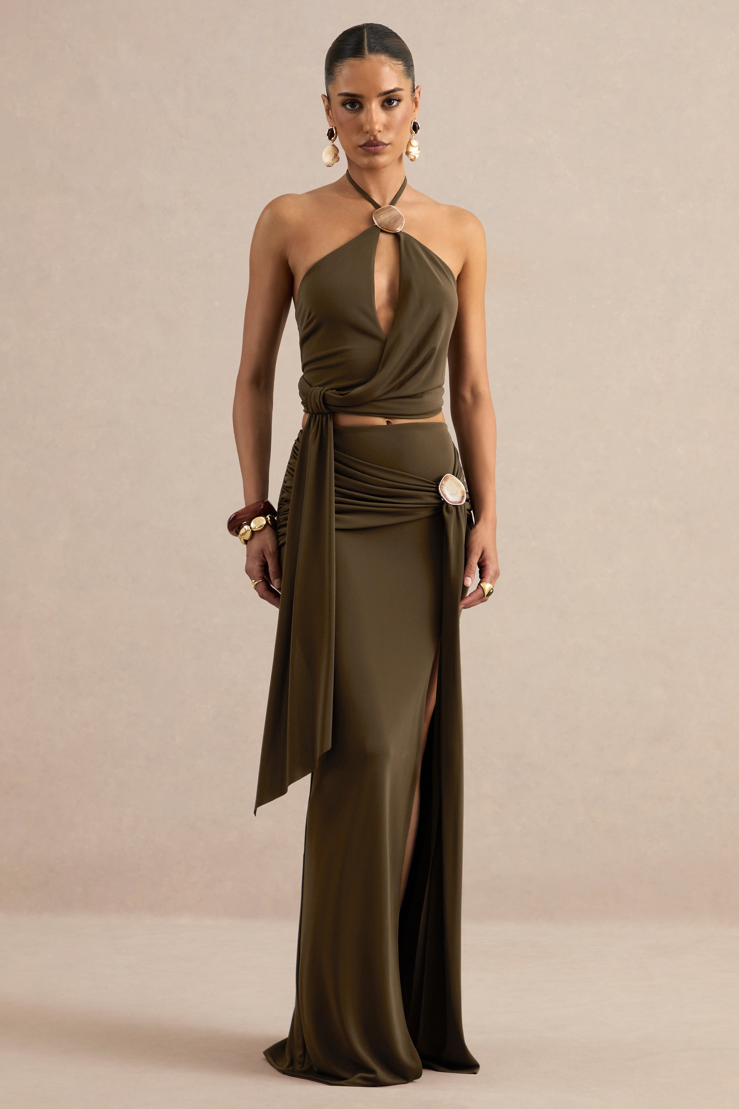 Liviana | Khaki Maxi Skirt With Gathered Detailing And Gold Detail