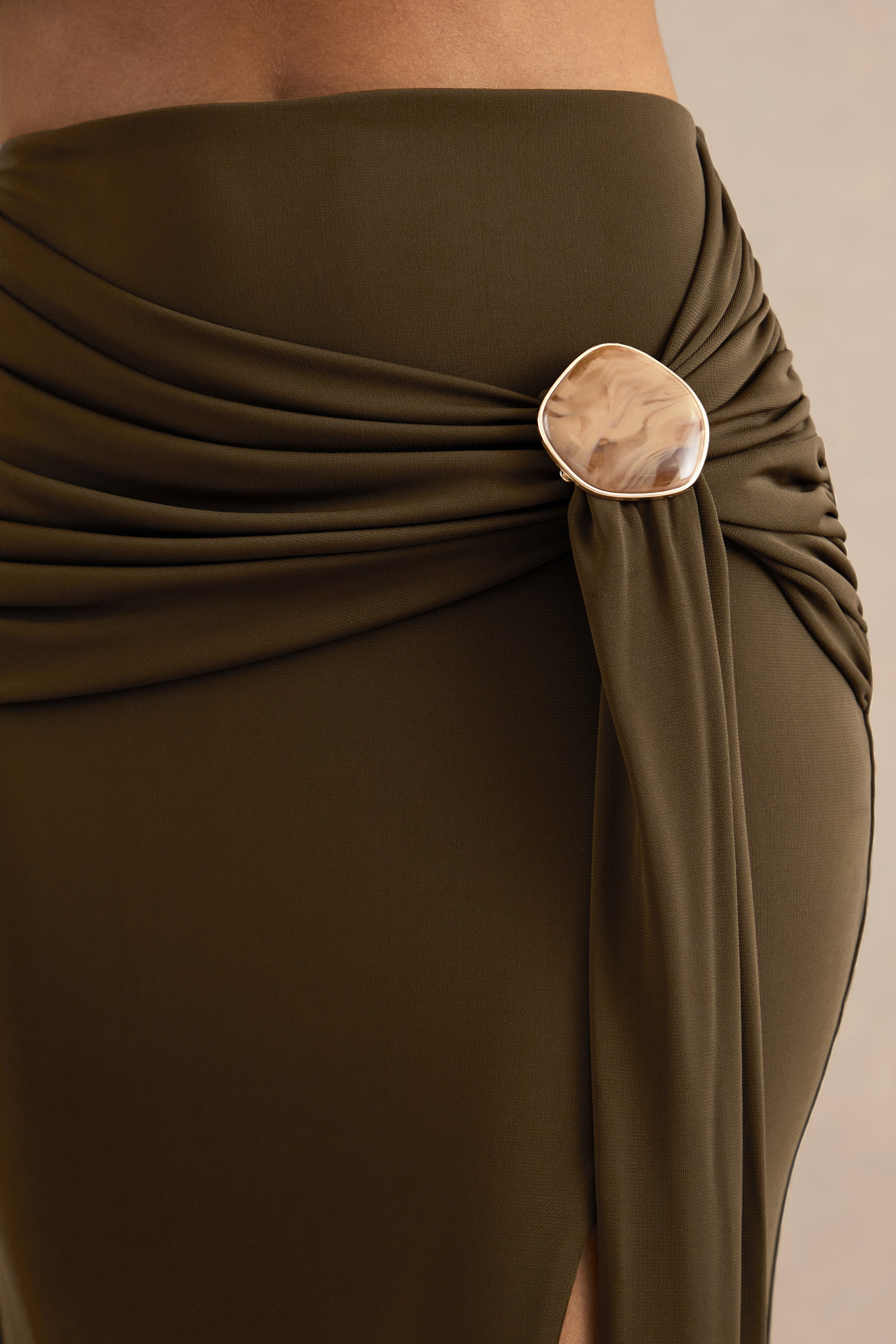 Liviana | Khaki Maxi Skirt With Gathered Detailing And Gold Detail
