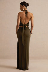 Liviana | Khaki Maxi Skirt With Gathered Detailing And Gold Detail