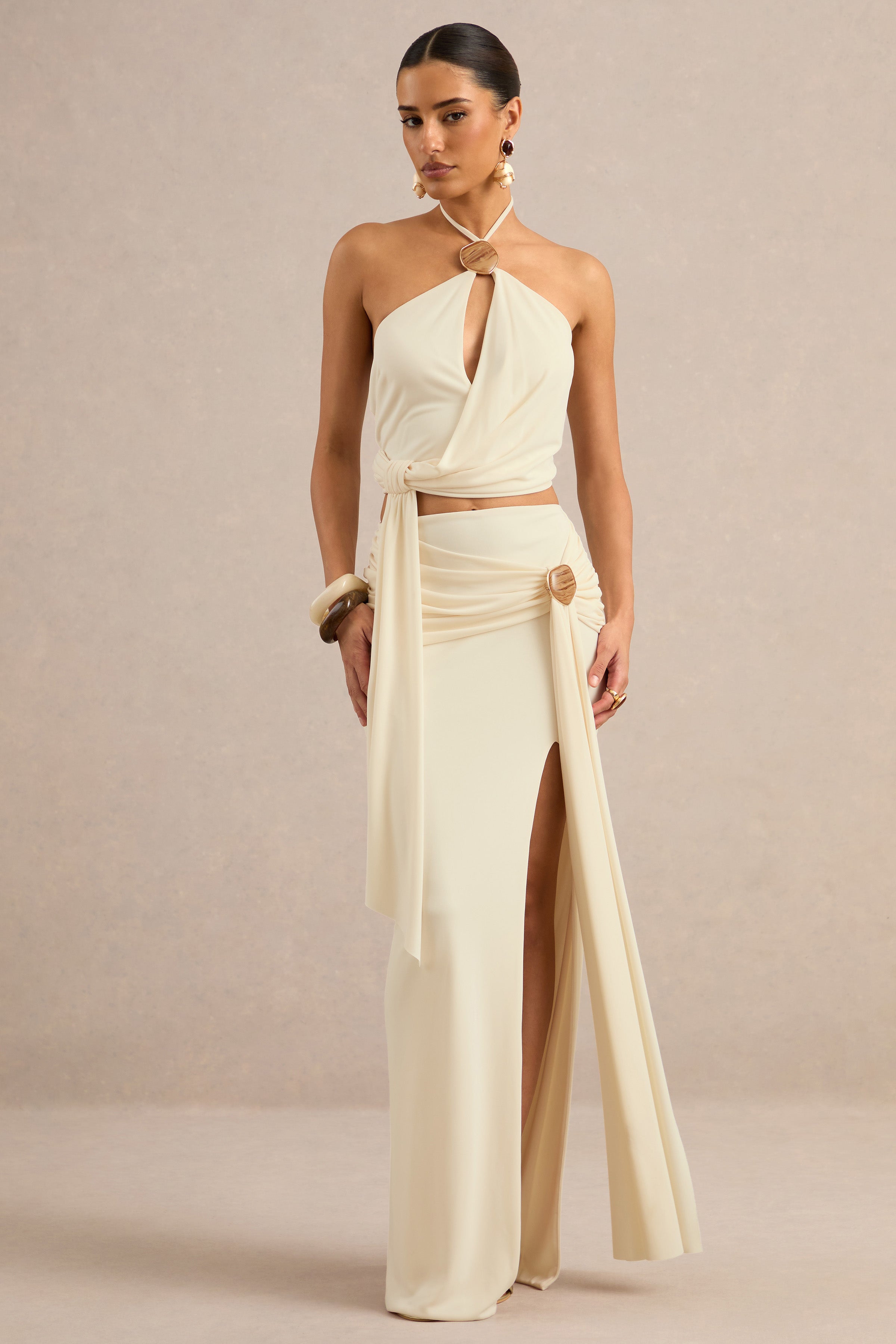 Liviana | Cream Maxi Skirt With Gathered Detailing And Gold Detail