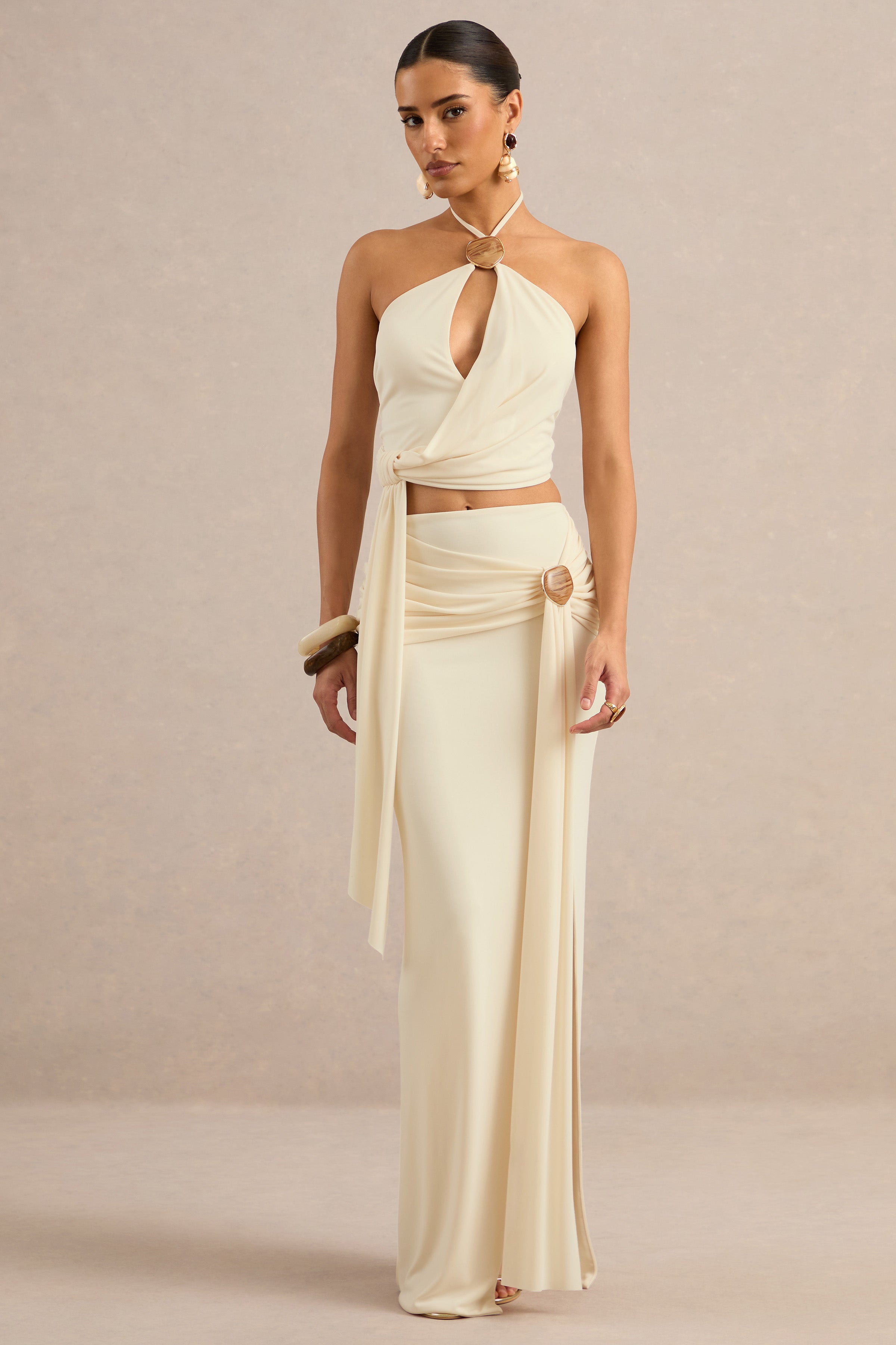 Liviana | Cream Maxi Skirt With Gathered Detailing And Gold Detail