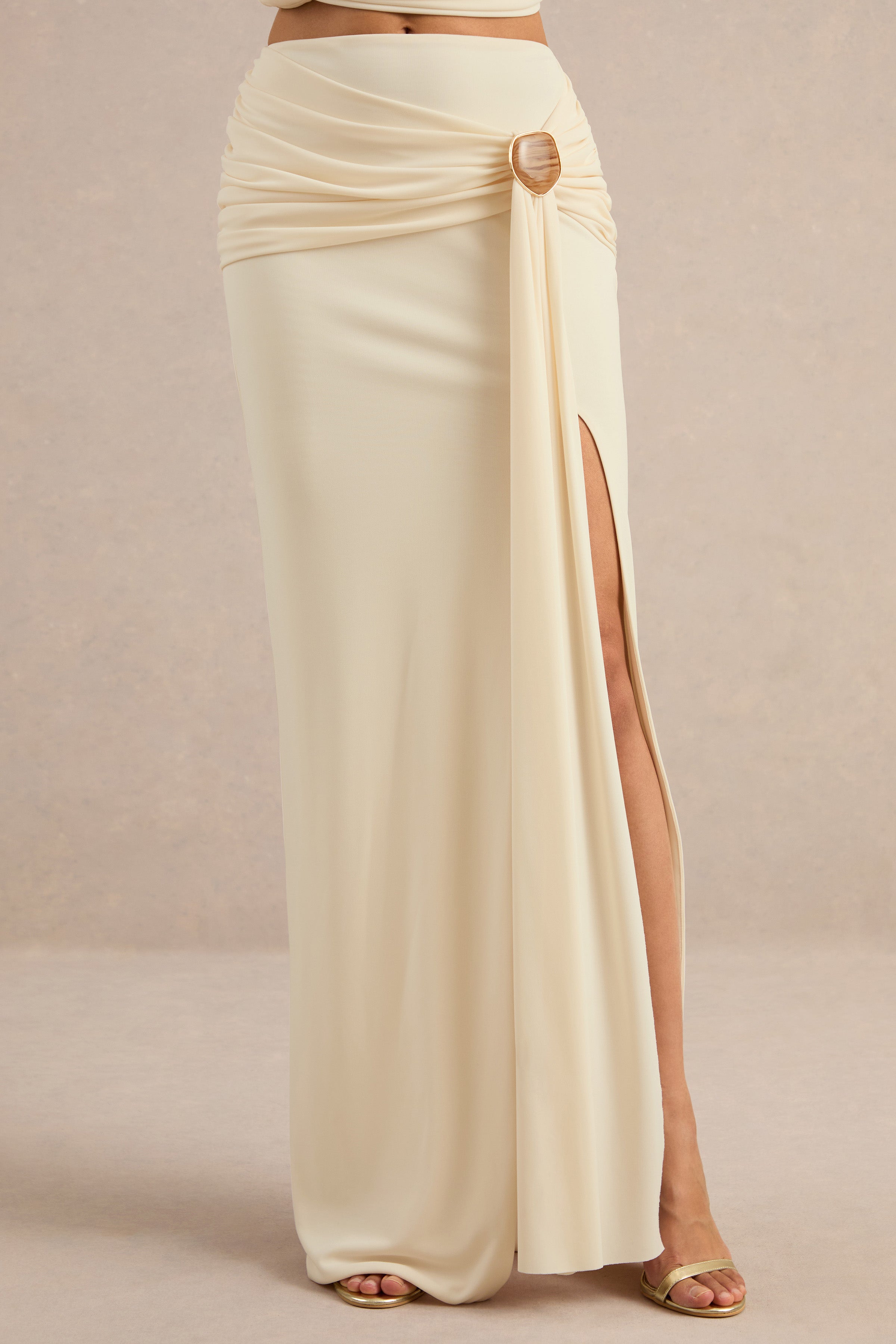 Liviana | Cream Maxi Skirt With Gathered Detailing And Gold Detail