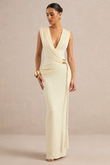 Nalina | Cream Plunge-Neck Maxi Dress With Gathered Detailing And Gold Detail