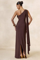 Sariah | Dark Brown Asymmetric-Neck Maxi Dress With Gathered Detailing