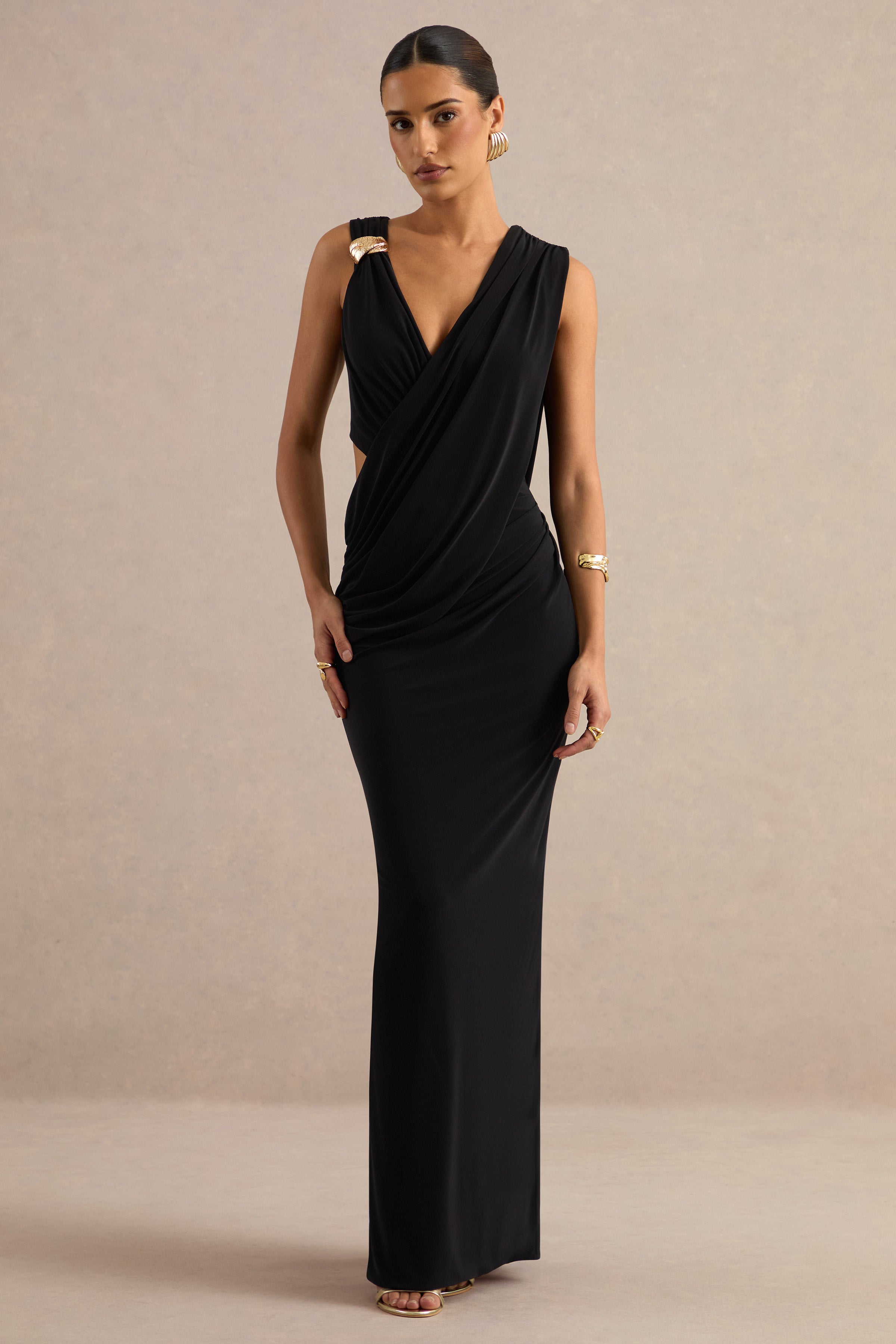 Tahlia | Black Plunge-Neck Maxi Dress With Draped Detailing And Gold Detail