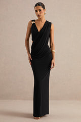 Tahlia | Black Plunge-Neck Maxi Dress With Draped Detailing And Gold Detail