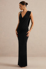 Tahlia | Black Plunge-Neck Maxi Dress With Draped Detailing And Gold Detail