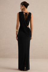 Tahlia | Black Plunge-Neck Maxi Dress With Draped Detailing And Gold Detail