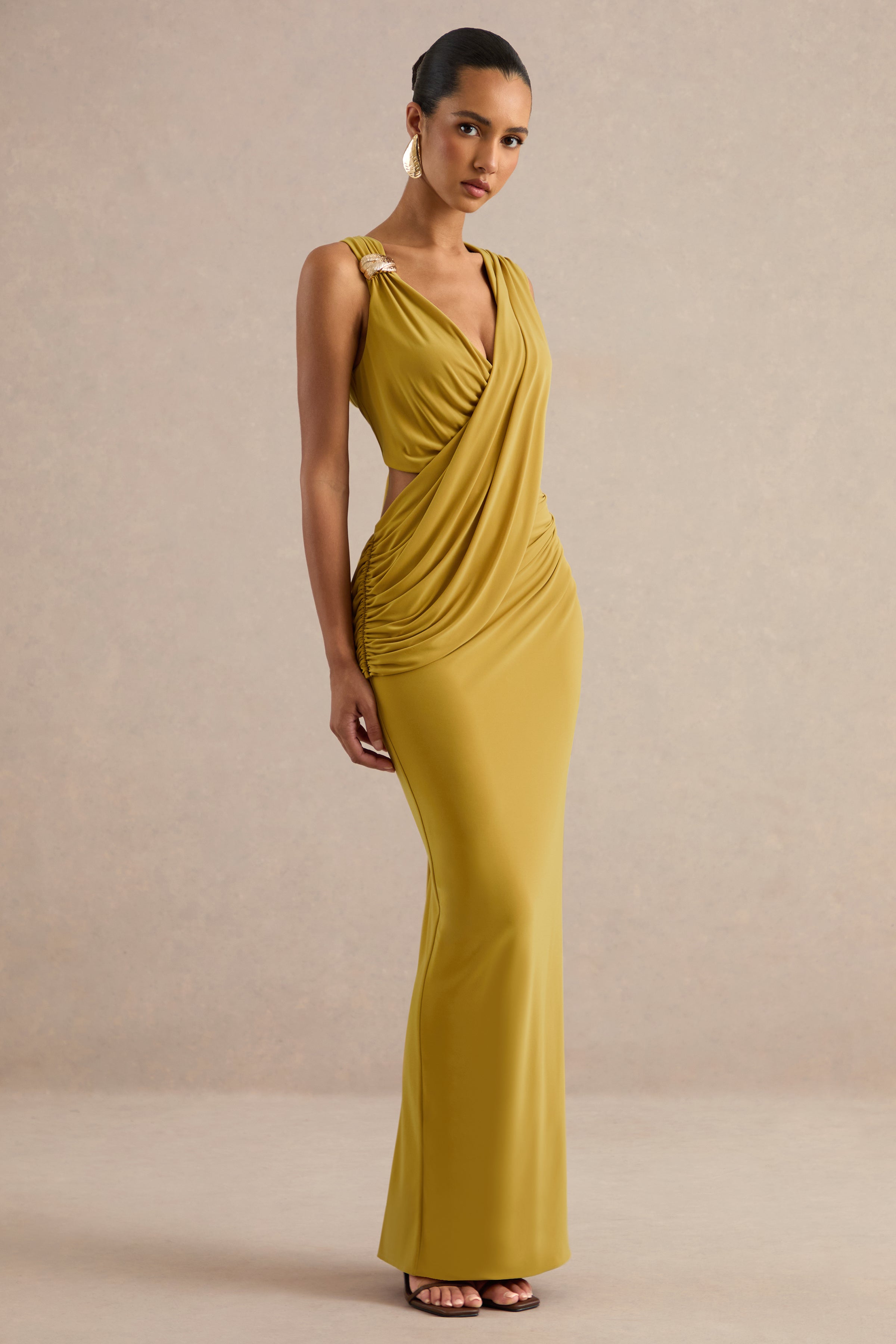 Tahlia | Mustard Plunge-Neck Maxi Dress With Draped Detailing And Gold Detail