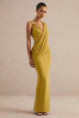 Tahlia | Mustard Plunge-Neck Maxi Dress With Draped Detailing And Gold Detail