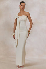 Airi | Cream Asymmetric-Neck Maxi Dress With Gathered Detailing And Sash