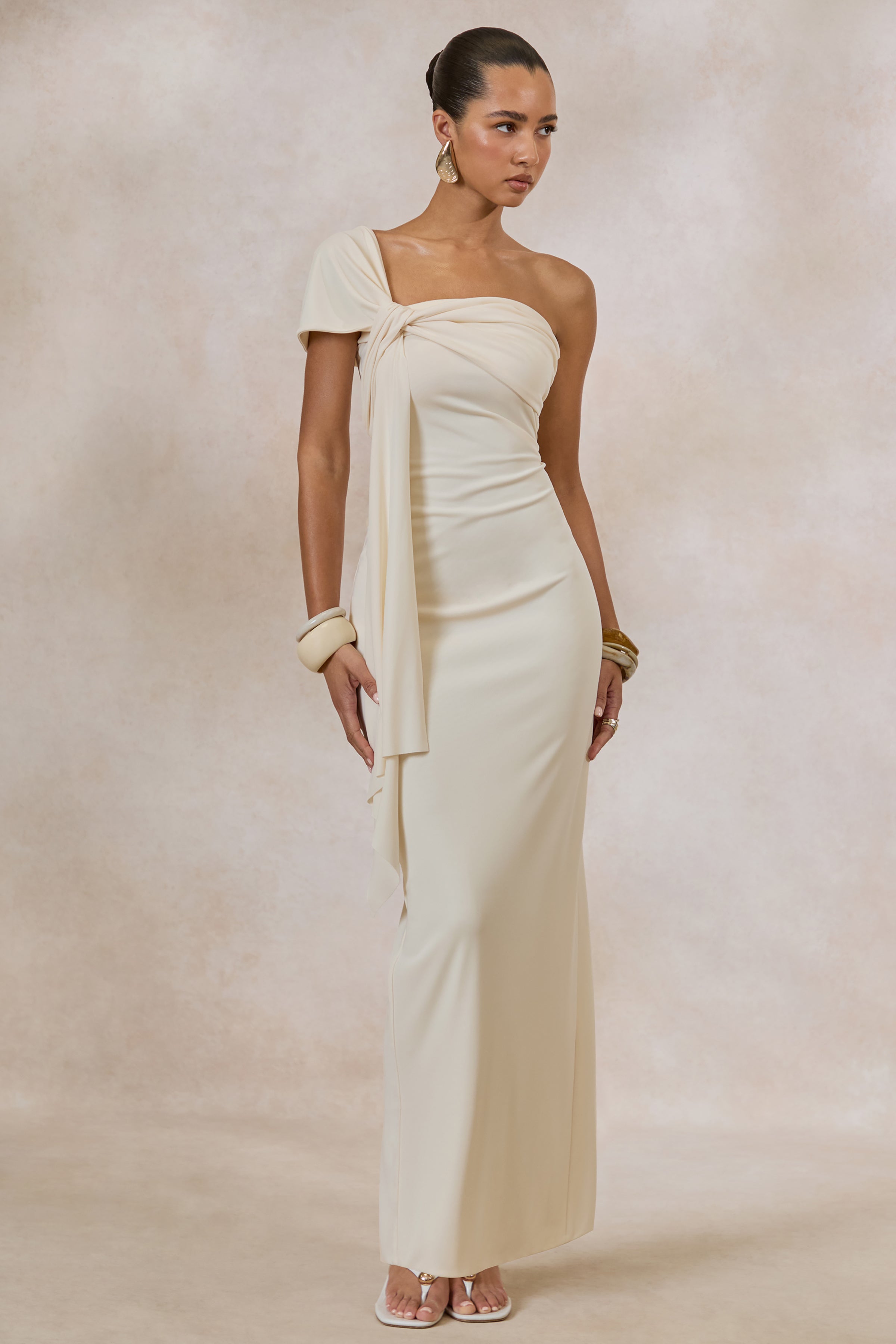 Airi | Cream Asymmetric-Neck Maxi Dress With Gathered Detailing And Sash