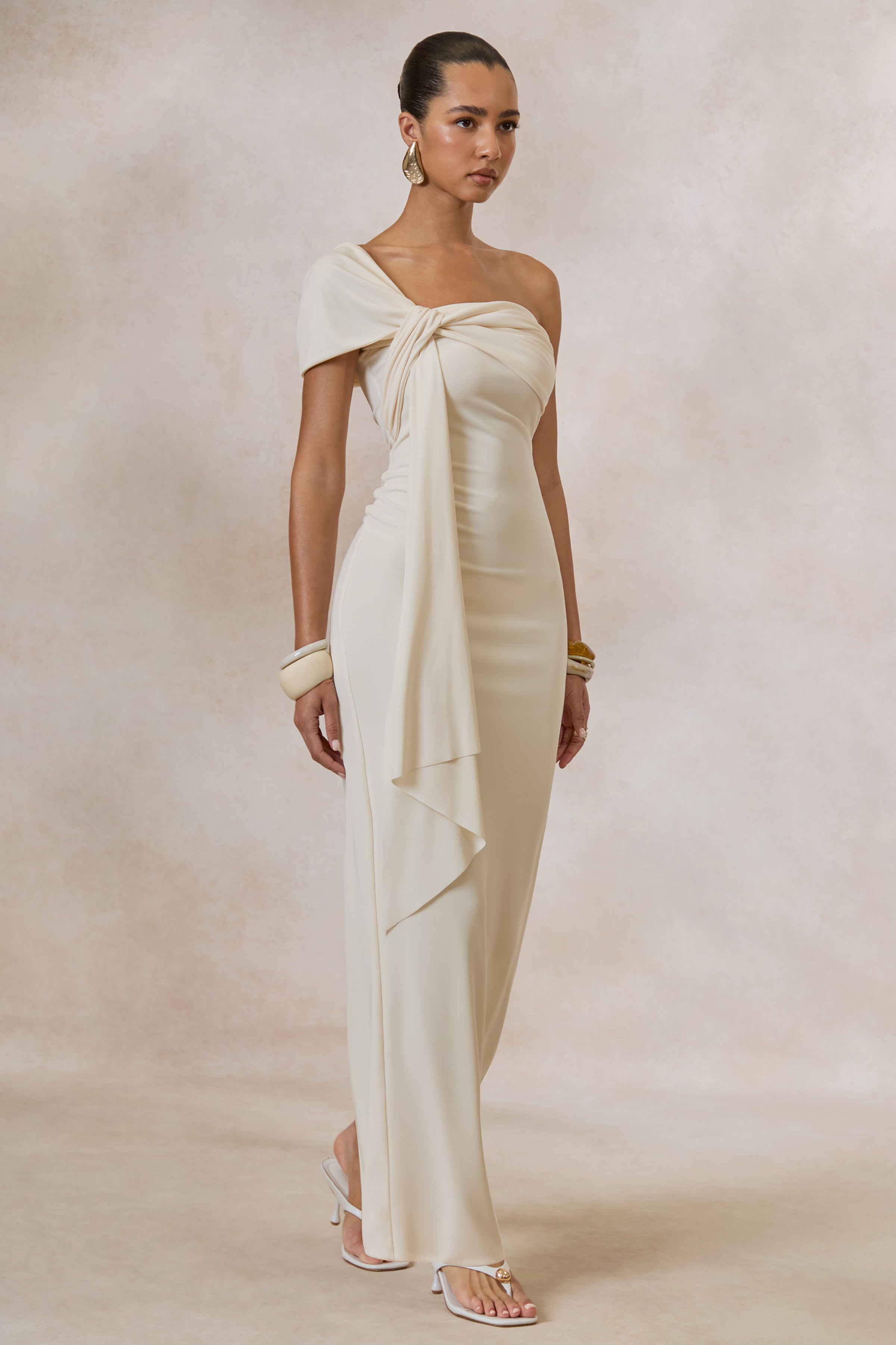 Airi | Cream Asymmetric-Neck Maxi Dress With Gathered Detailing And Sash