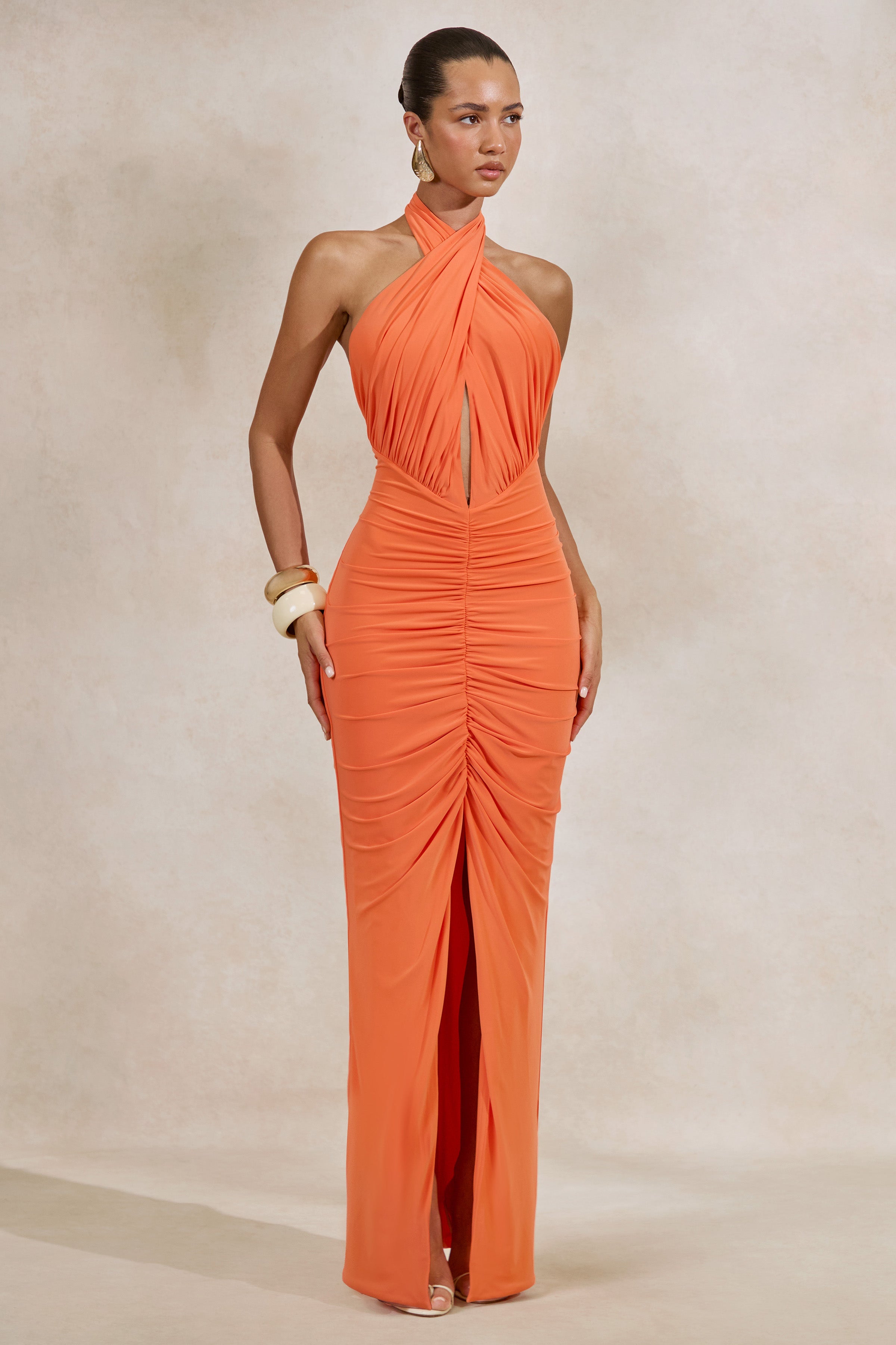 Alinor | Orange Wrap Halter-Neck Maxi Dress With Ruched Detailing