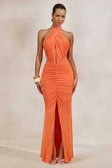 Alinor | Orange Wrap Halter-Neck Maxi Dress With Ruched Detailing