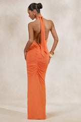 Alinor | Orange Wrap Halter-Neck Maxi Dress With Ruched Detailing