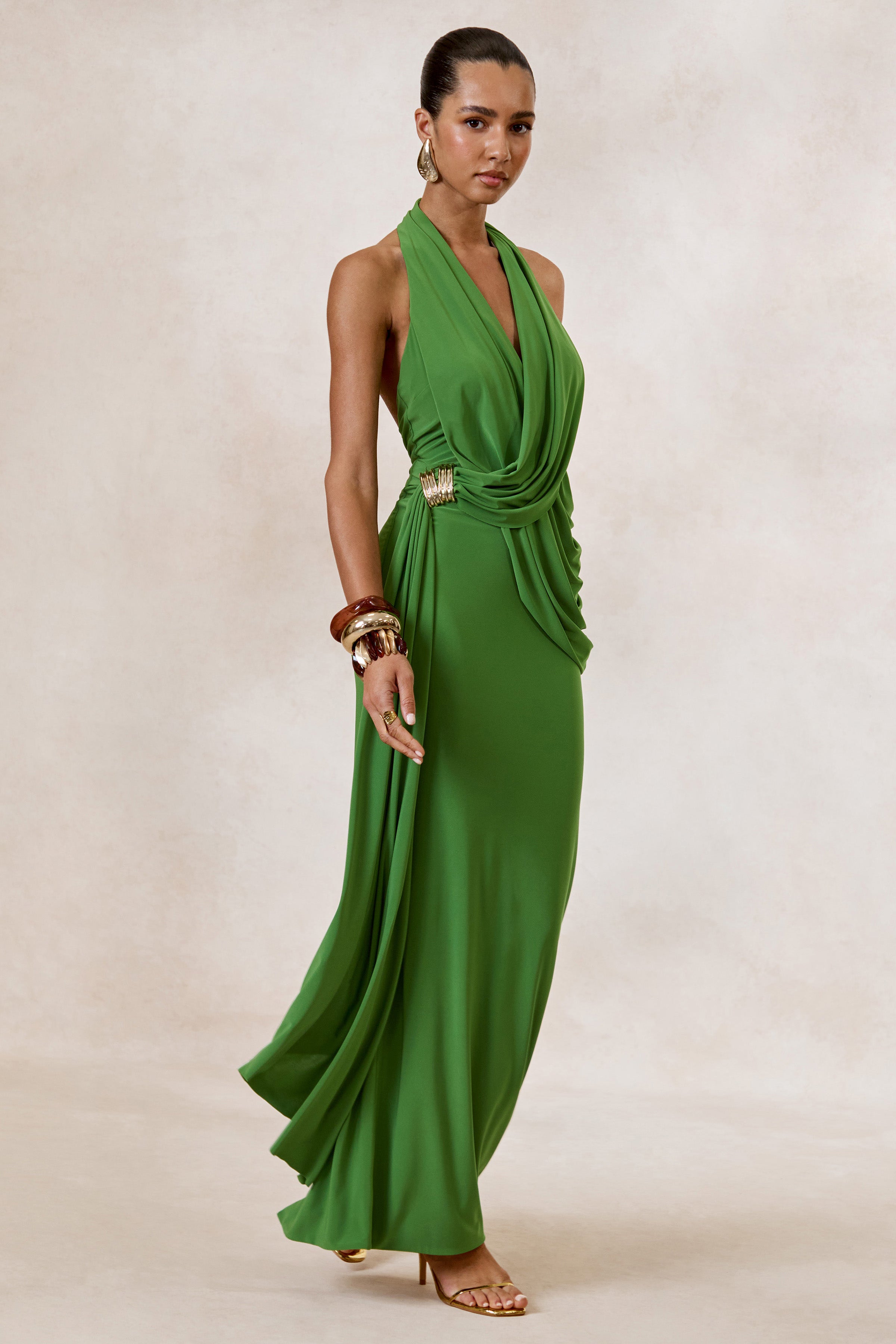 Alisanne | Green Plunge-Neck Maxi Dress With Draped Detailing