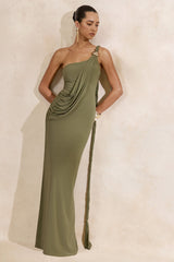 Clarin | Olive Asymmetric-Neck Maxi Dress With Drape Detailing And Gold Detail