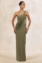 Clarin | Olive Asymmetric-Neck Maxi Dress With Drape Detailing And Gold Detail