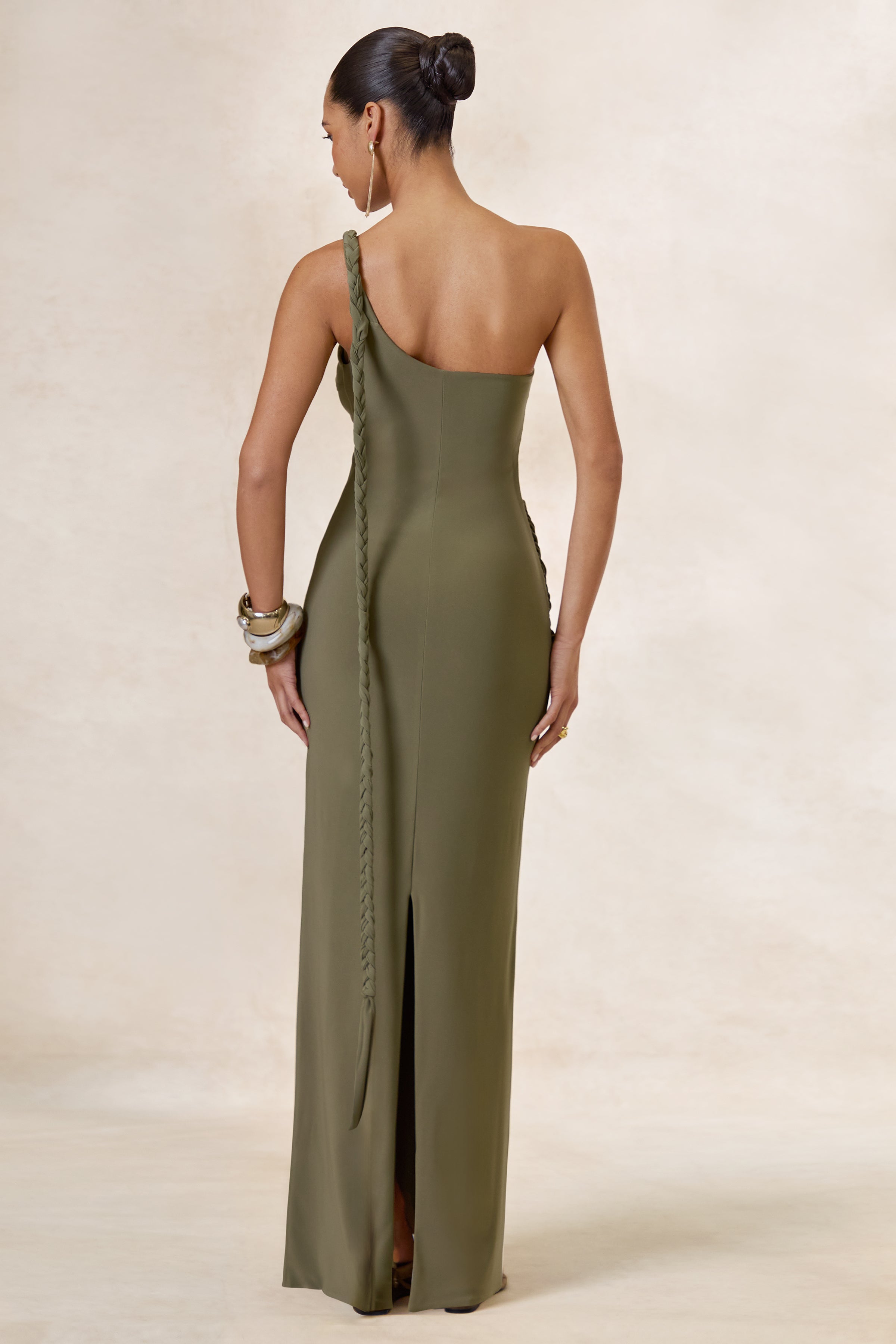 Clarin | Olive Asymmetric-Neck Maxi Dress With Drape Detailing And Gold Detail