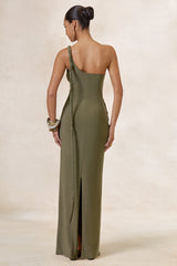 Clarin | Olive Asymmetric-Neck Maxi Dress With Drape Detailing And Gold Detail