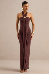Delaina | Dark Brown Halter-Neck Maxi Dress With Gold Detail And Sash