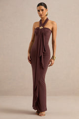 Delaina | Dark Brown Halter-Neck Maxi Dress With Gold Detail And Sash