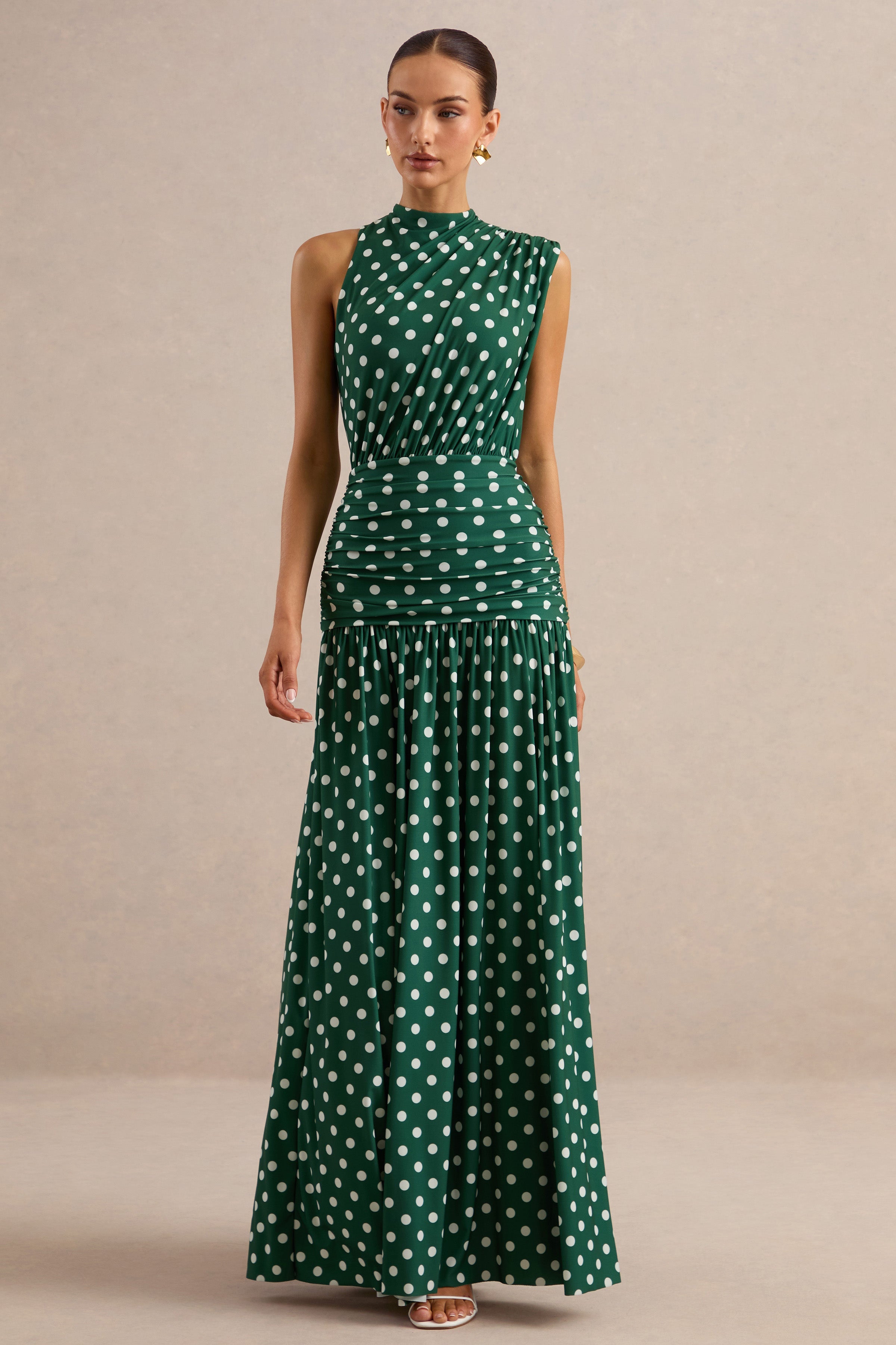 Kelis | Green Polka-Dot High-Neck Maxi Dress With Draped Detailing