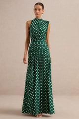 Kelis | Green Polka-Dot High-Neck Maxi Dress With Draped Detailing