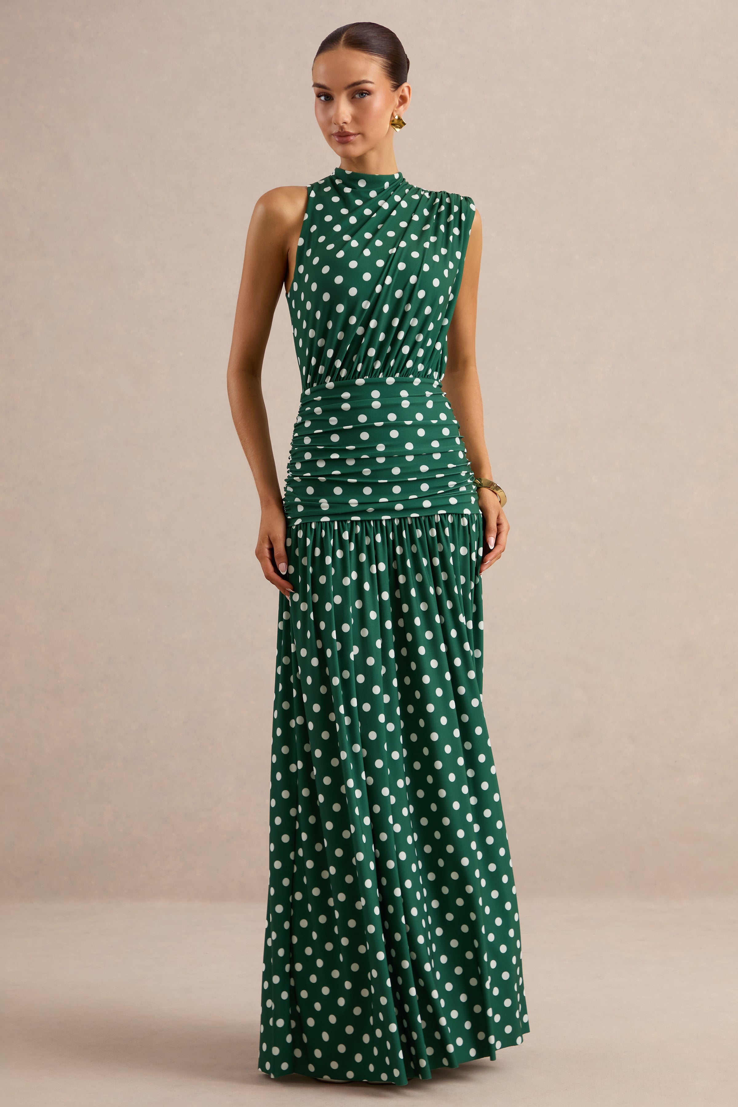 Kelis | Green Polka-Dot High-Neck Maxi Dress With Draped Detailing