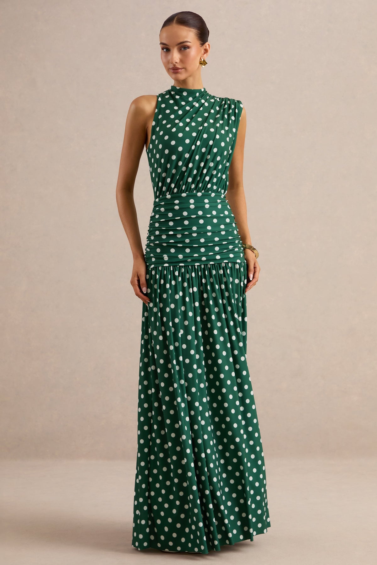 Kelis | Green Polka-Dot High-Neck Maxi Dress With Draped Detailing