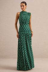 Kelis | Green Polka-Dot High-Neck Maxi Dress With Draped Detailing