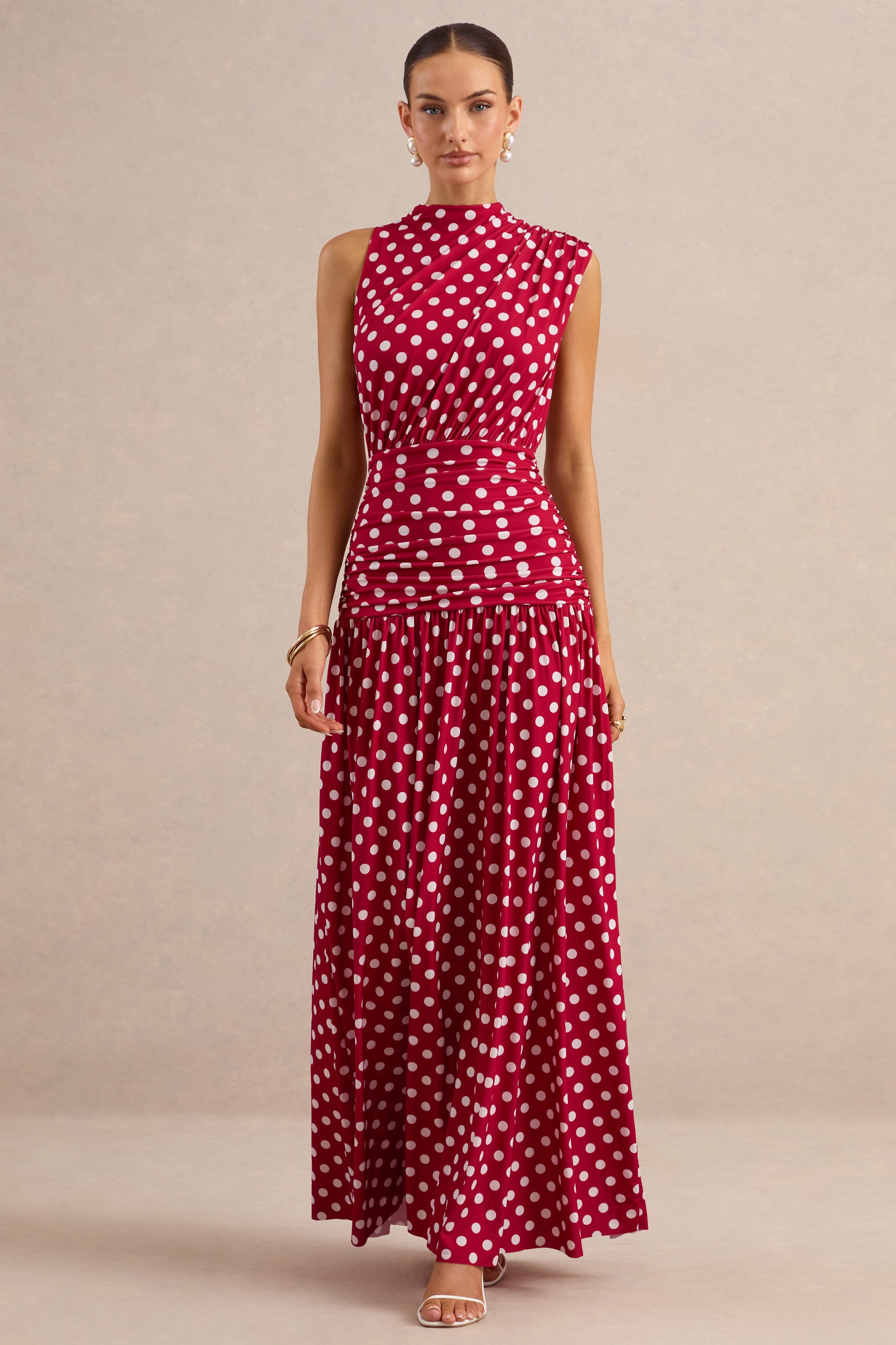 Kelis | Red Polka-Dot High-Neck Maxi Dress With Draped Detailing
