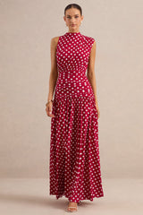 Kelis | Red Polka-Dot High-Neck Maxi Dress With Draped Detailing