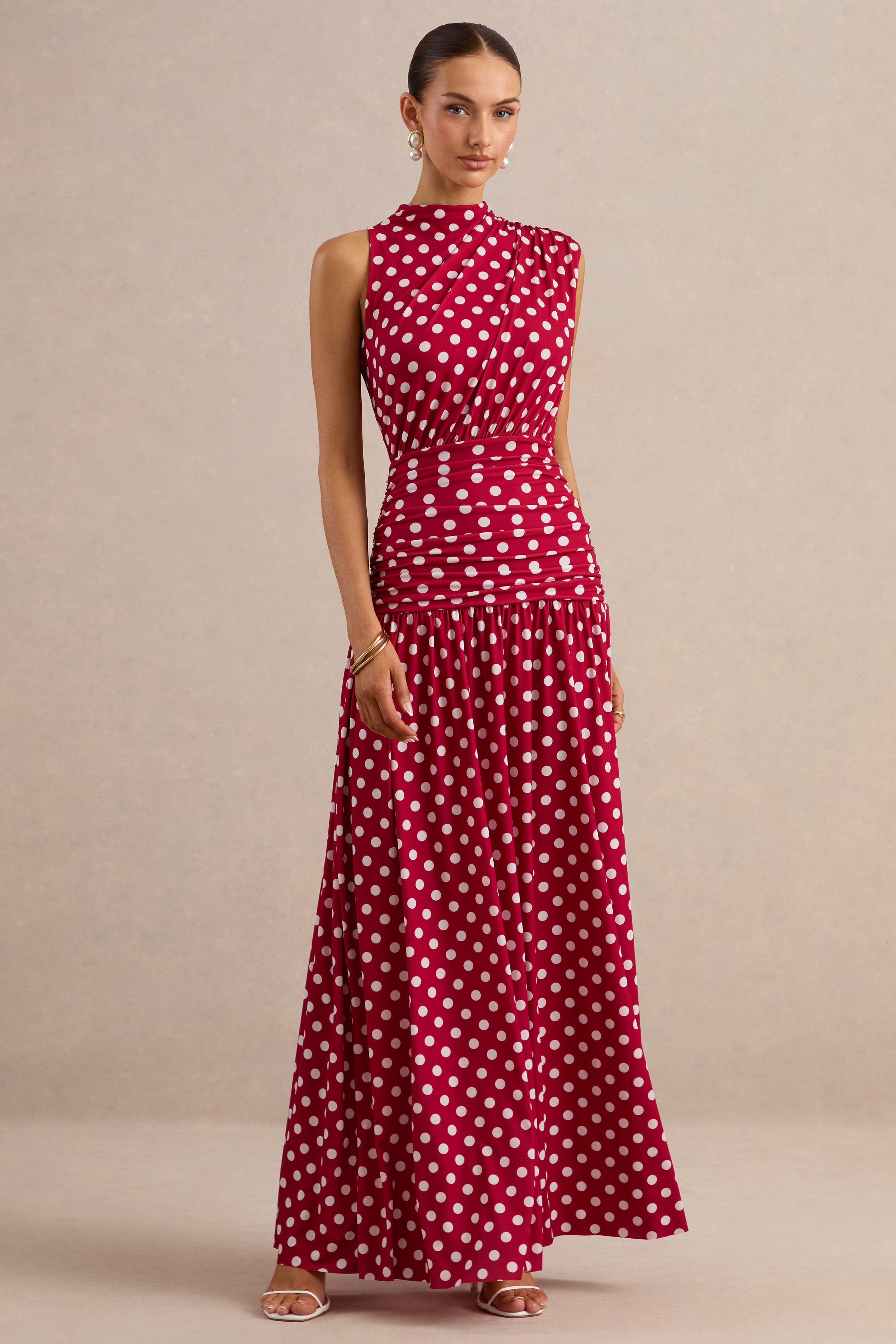 Kelis | Red Polka-Dot High-Neck Maxi Dress With Draped Detailing