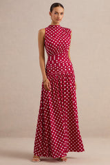Kelis | Red Polka-Dot High-Neck Maxi Dress With Draped Detailing