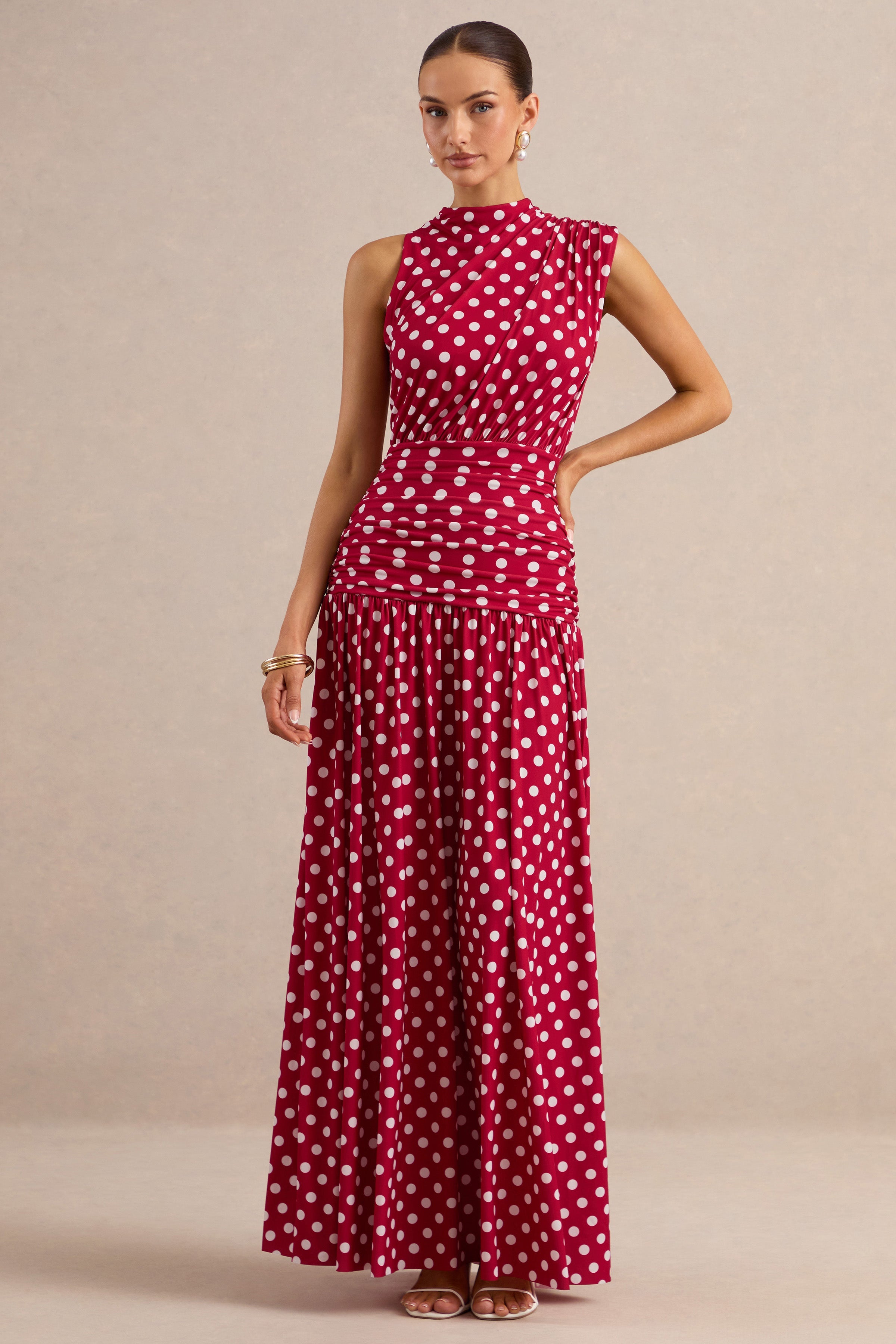 Kelis | Red Polka-Dot High-Neck Maxi Dress With Draped Detailing