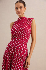 Kelis | Red Polka-Dot High-Neck Maxi Dress With Draped Detailing