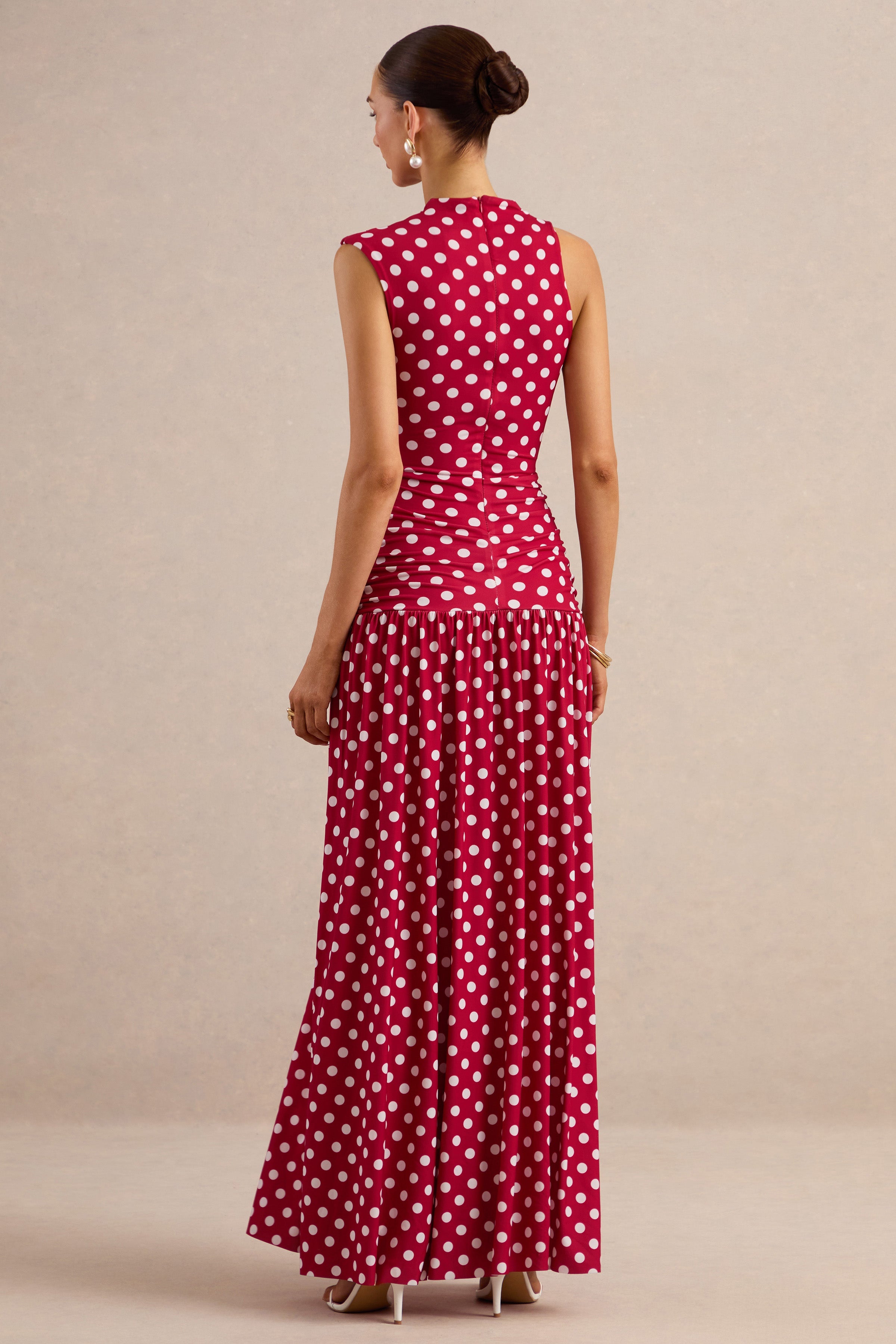 Kelis | Red Polka-Dot High-Neck Maxi Dress With Draped Detailing