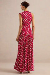 Kelis | Red Polka-Dot High-Neck Maxi Dress With Draped Detailing