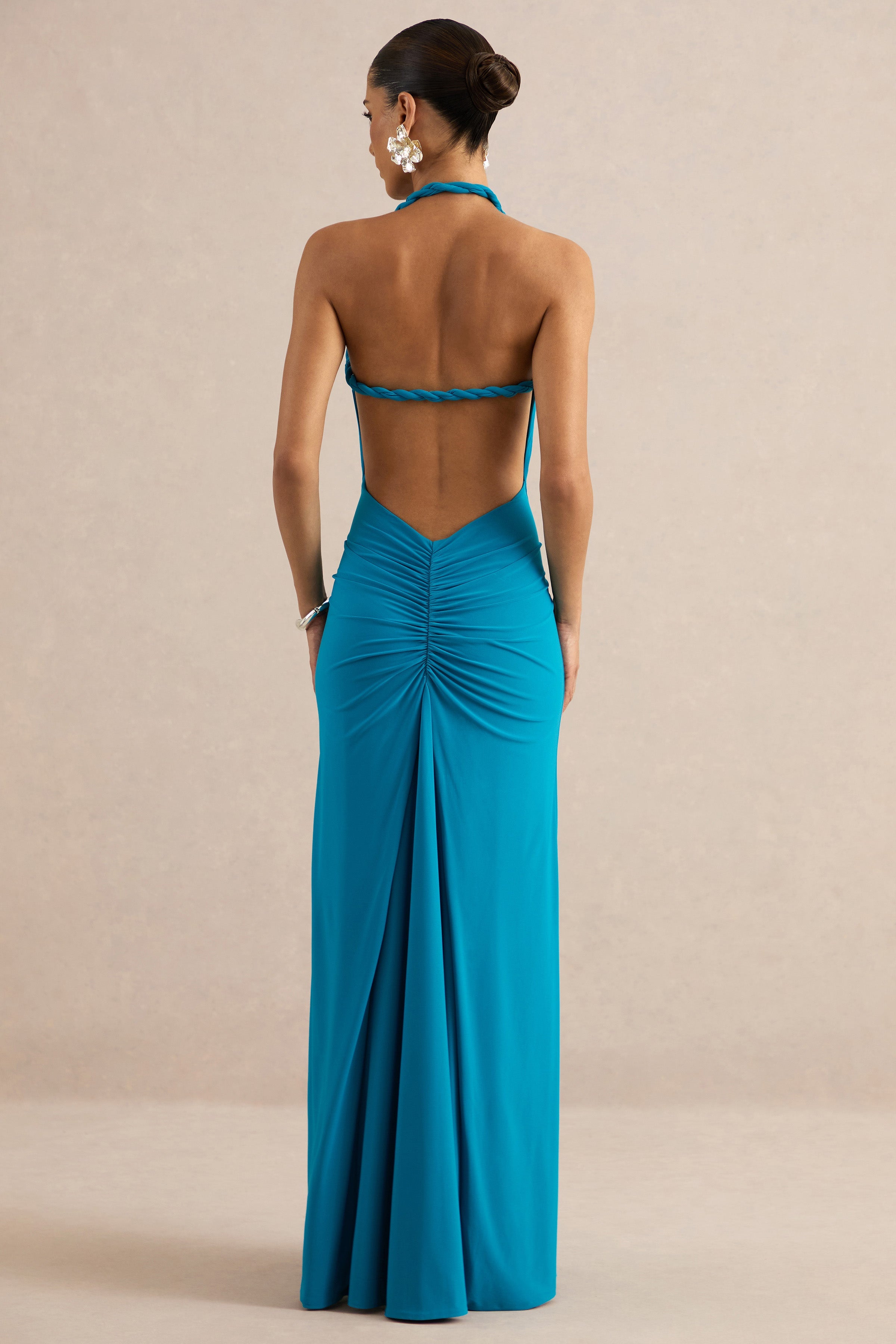 Elirae | Cobalt Asymmetric-Neck Maxi Dress With Twist Strap And Front High Split