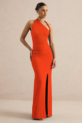 Elirae | Orange Asymmetric-Neck Maxi Dress With Twist Strap And Front High Split