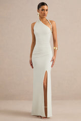 Elirae | White Asymmetric-Neck Maxi Dress With Twist Strap And Front High Split