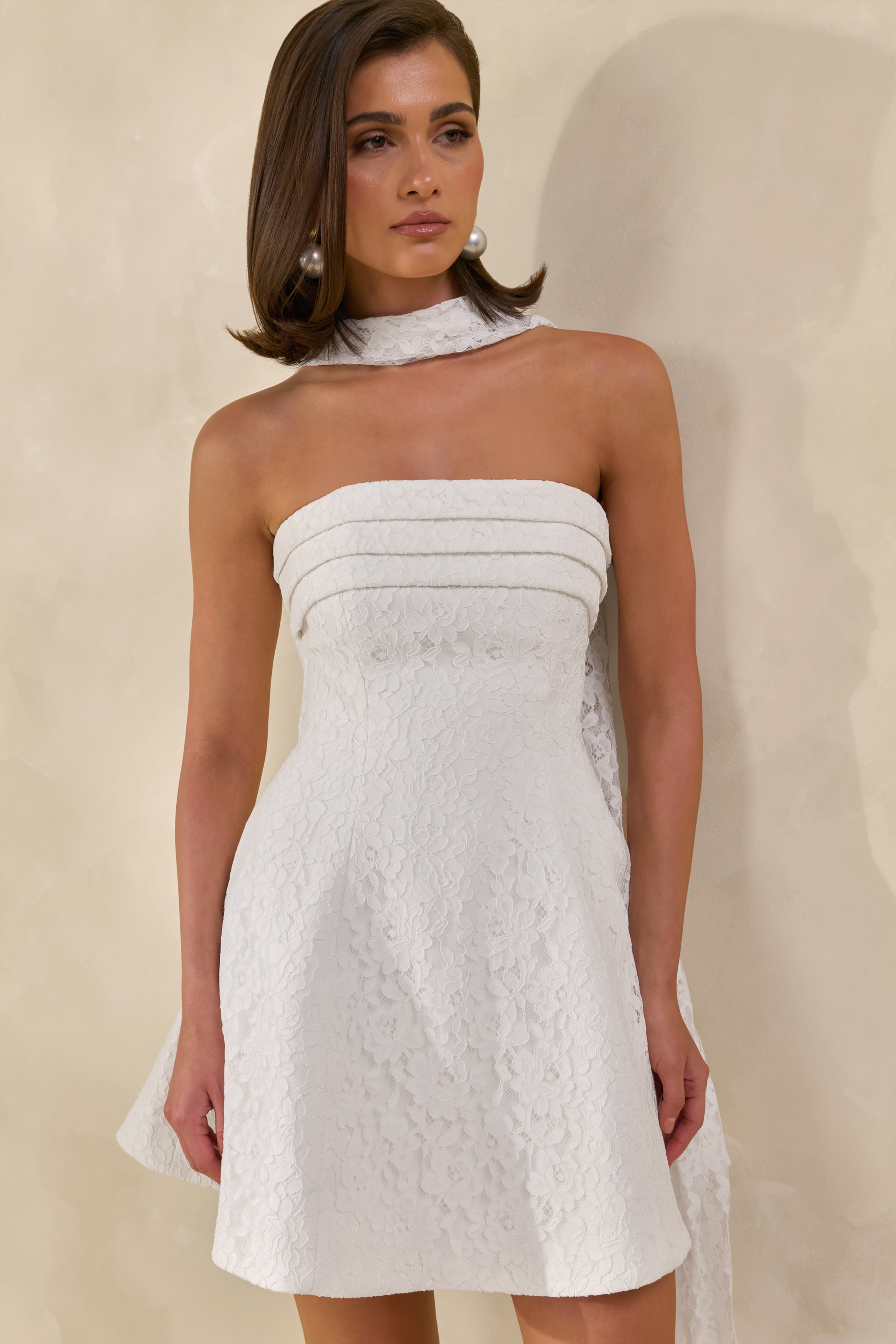 Elvara | White Lace Bandeau-Neck Mini Dress With Scarf Detail